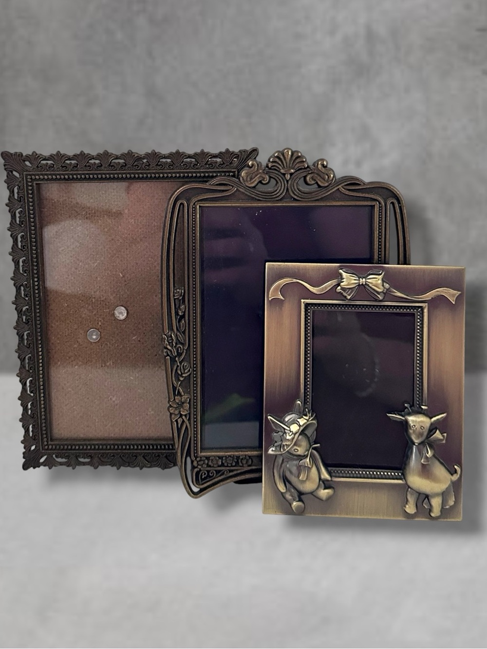 3 Vintage BRONZE Metal Picture Frame Free Standing FILAGREE 5.5x4 2X3 3.5X5